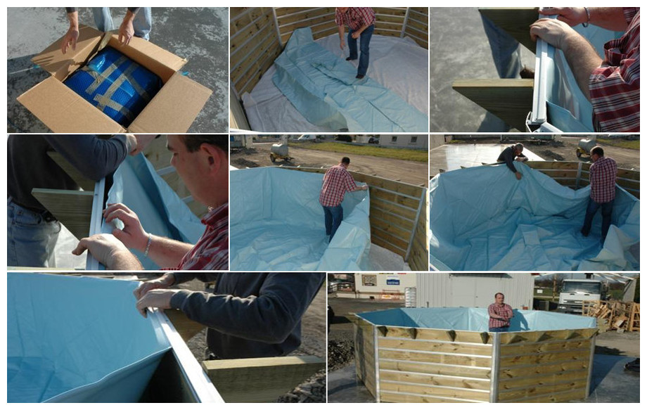 installation du liner de la piscine waterclip octogonale allongée en situation