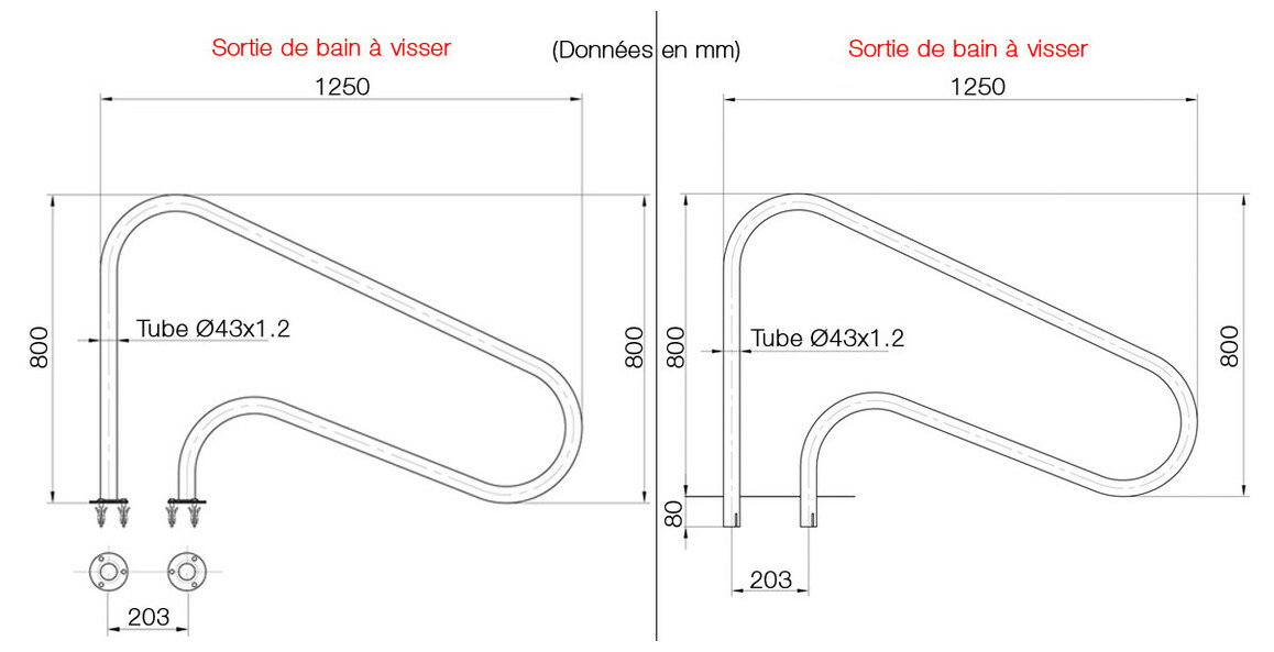 dimensions de la sortie de bain inox astral pour piscine à sceller ou à visser