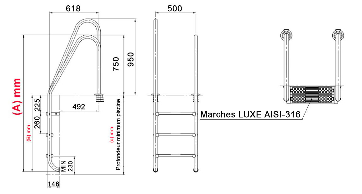 schéma dimensions de l'échelle asymétrique de piscine tout inox