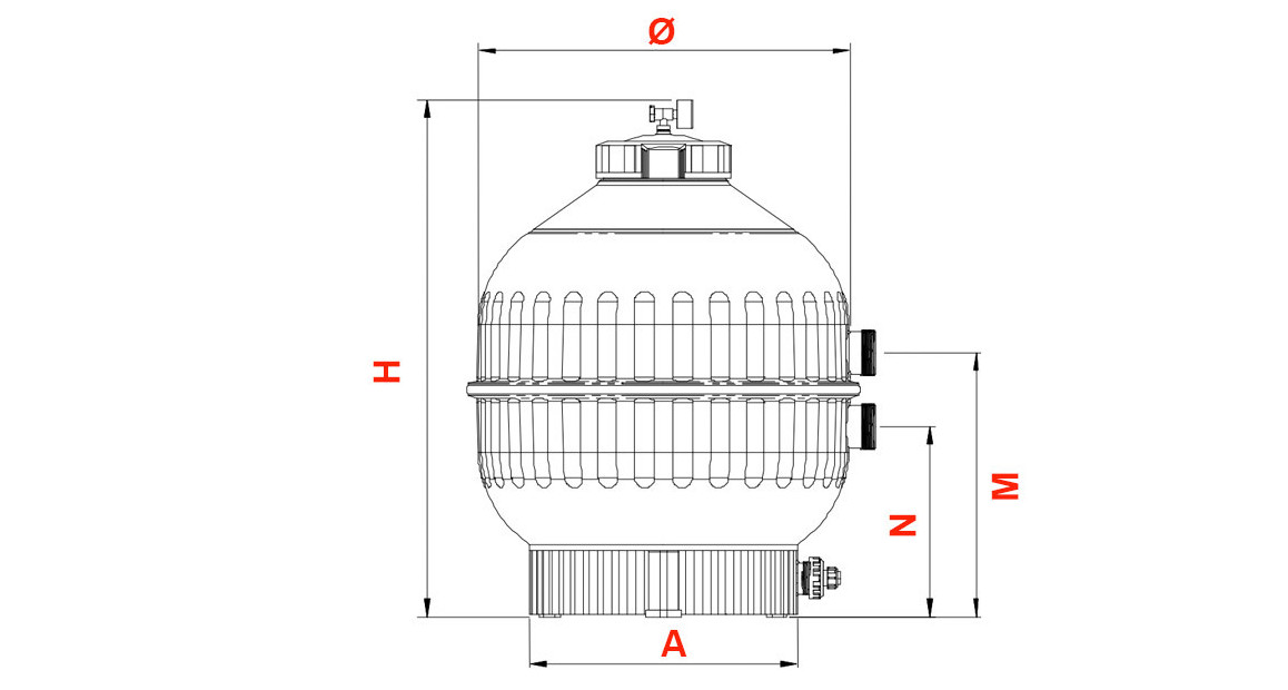 schéma des dimensions du filtre à sable pour piscine side cantabric astral