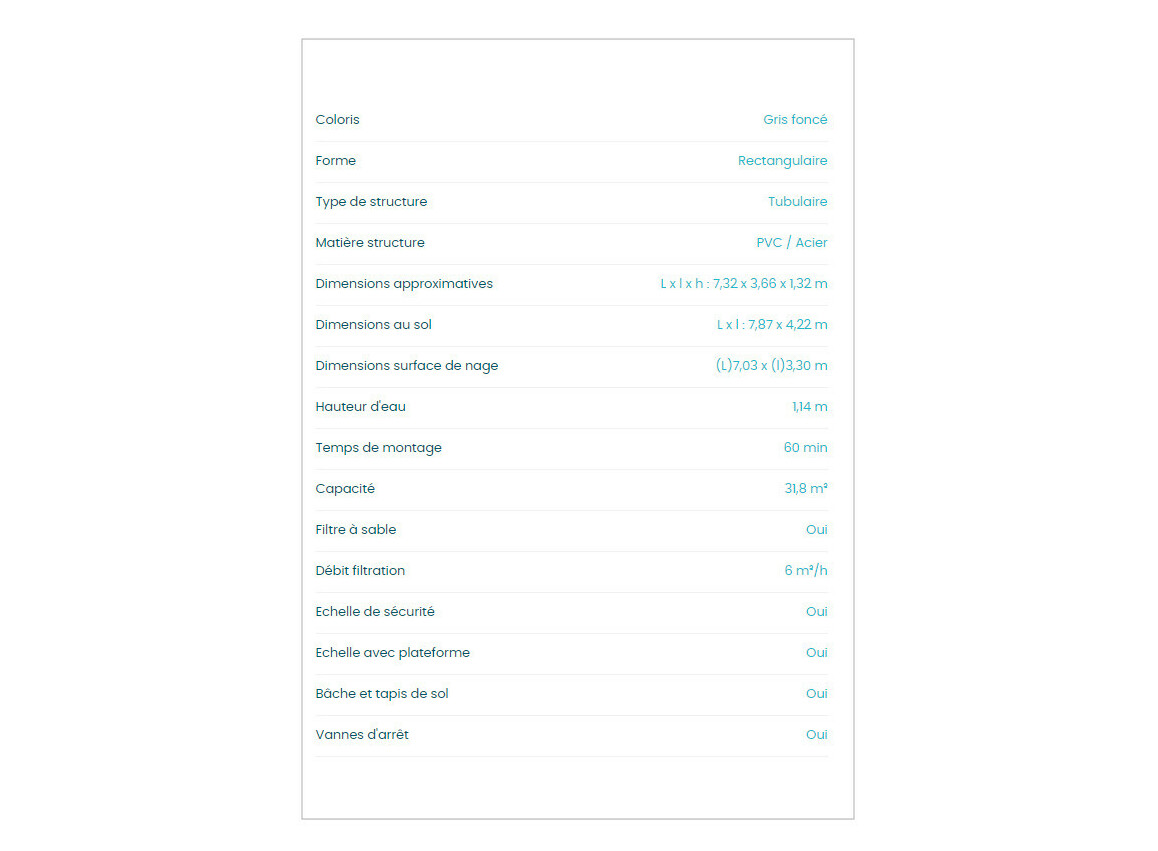 caractéristiques de la Piscine tubulaire XTR rectangle - 7.32 x 3.66 x 1.32 m