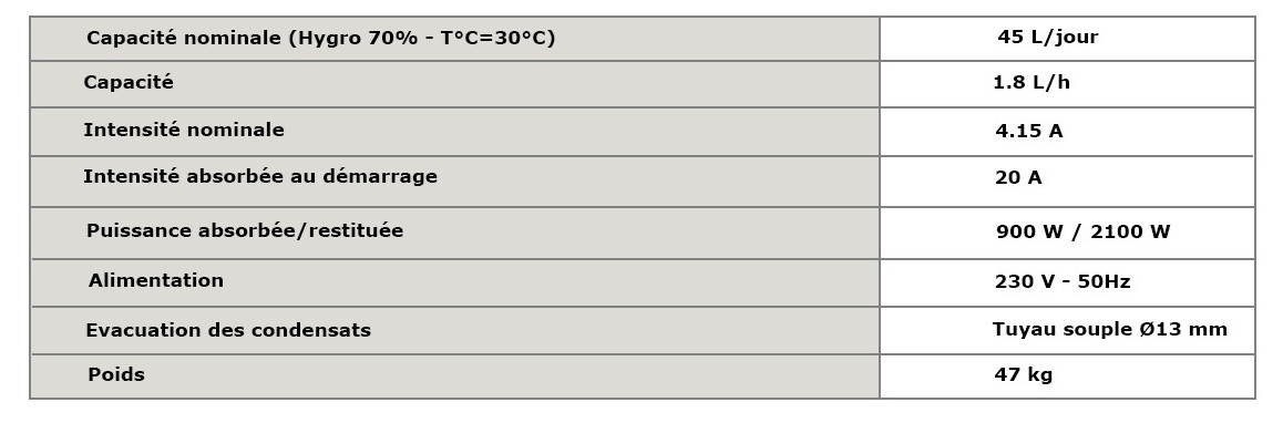 caractéristiques techniques du déshumidificateur d'ambiance Zodiac DT850 