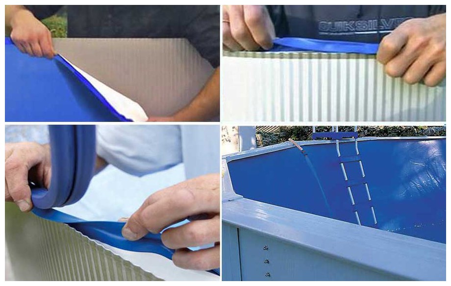 Liner Gré bleu uni système rail d'accroche  pour piscine  hors sol en situation