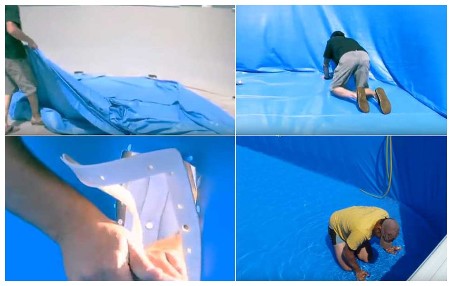 Liner Gré bleu uni système Overlap pour piscine  en situation