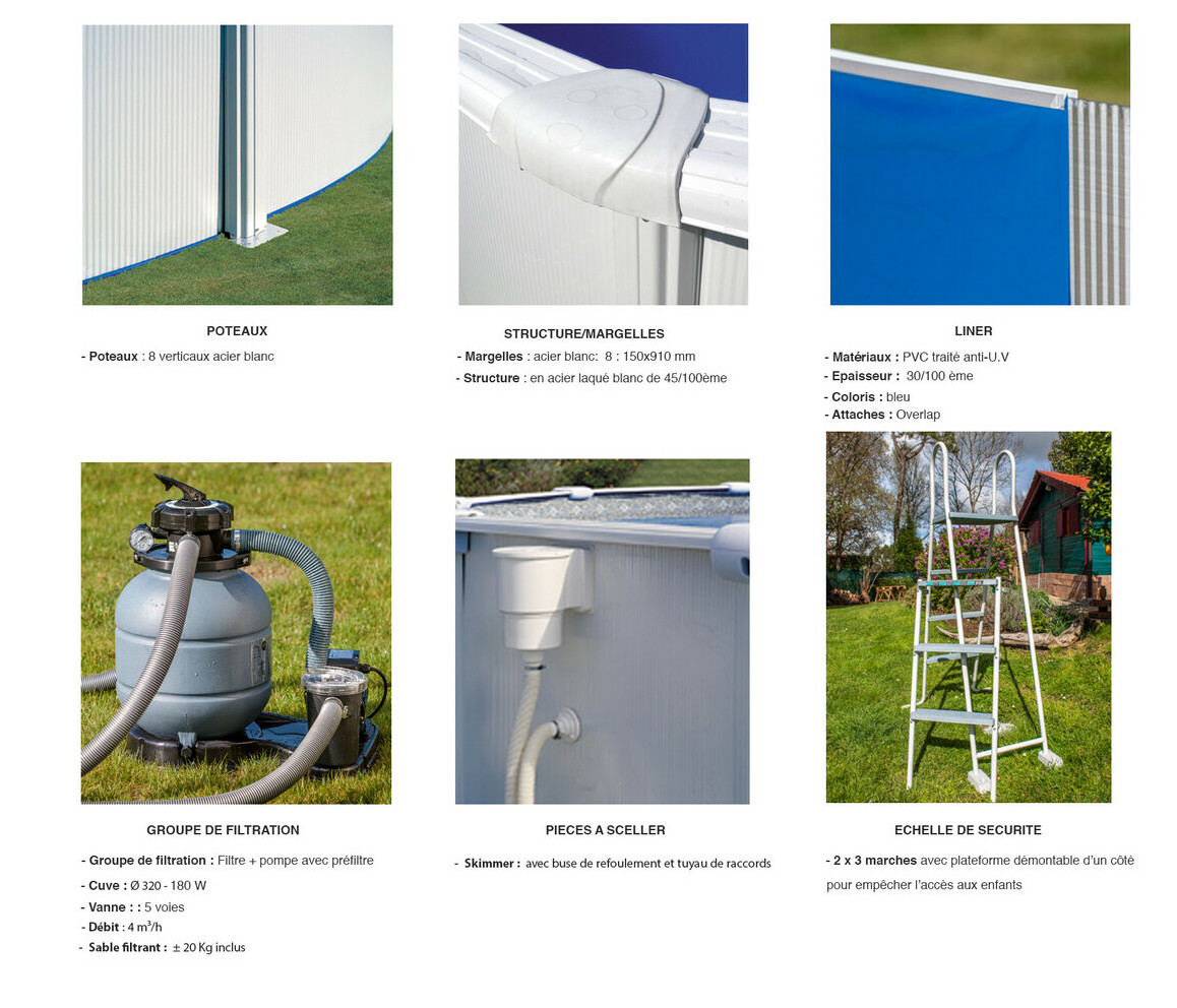 équipement du Kit piscine acier blanc Fidji - Ronde Ø 2.40 x H.1.20 m