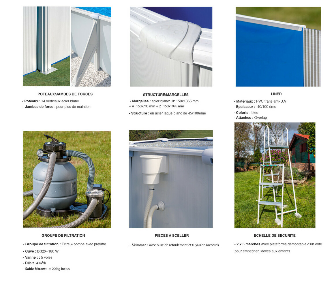 équipement du Kit piscine acier blanc Fidji - Ovale 6.10 x 3.75 x 1.20 m