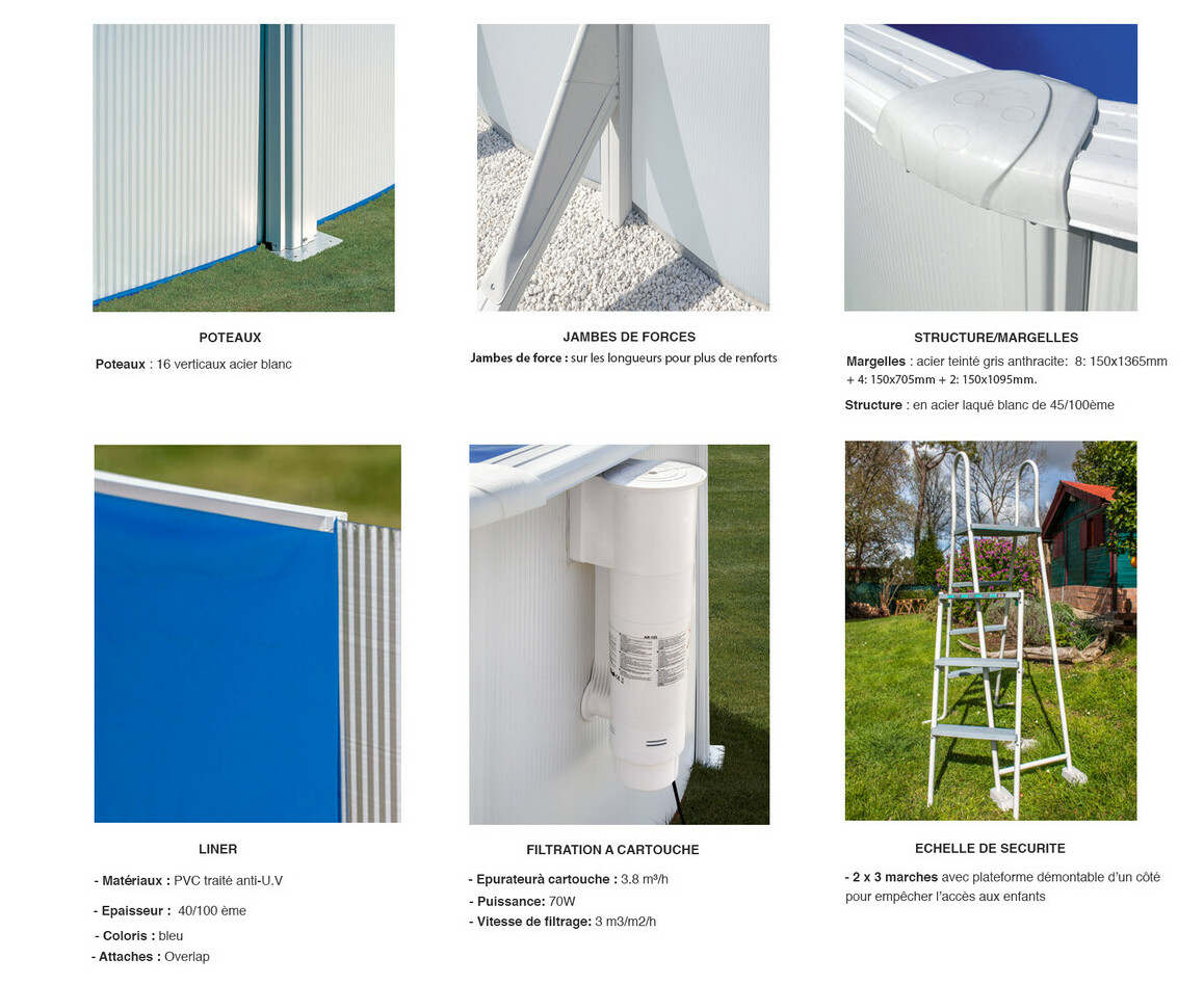 équipement du Kit piscine acier blanc Bora Bora - ovale 6.10 x 3.75 x H.1.20 m