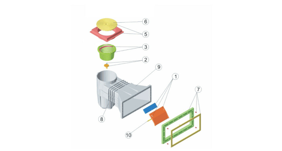 vue éclatée du skimmer grande meurtrière pour piscine béton et liner - Gris anthracite