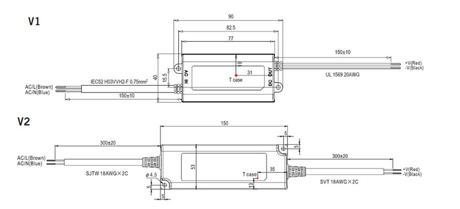 dimensions source d'alimentation lumiplus led DC V1 et V2