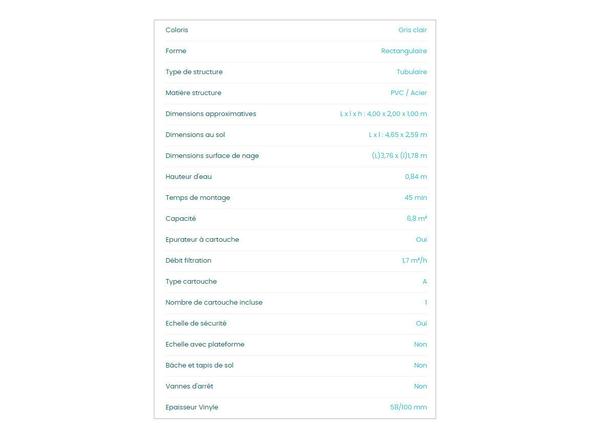 caractéristiques de la Piscine hors sol Prism Frame rectangle 4.00 x 2.00 x 1 m