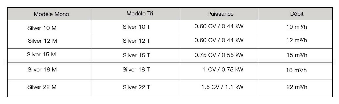 puissance et débit de la pompe de filtration silver espa