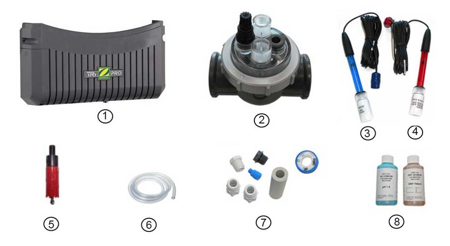 accessoires fournis de l'électrolyseur Tri Pro en situation