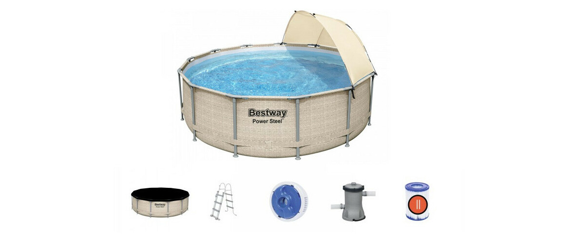 équipement de la piscine hors sol Power Steel ronde rotin beige - Ø 3.96 x 1.07 m
