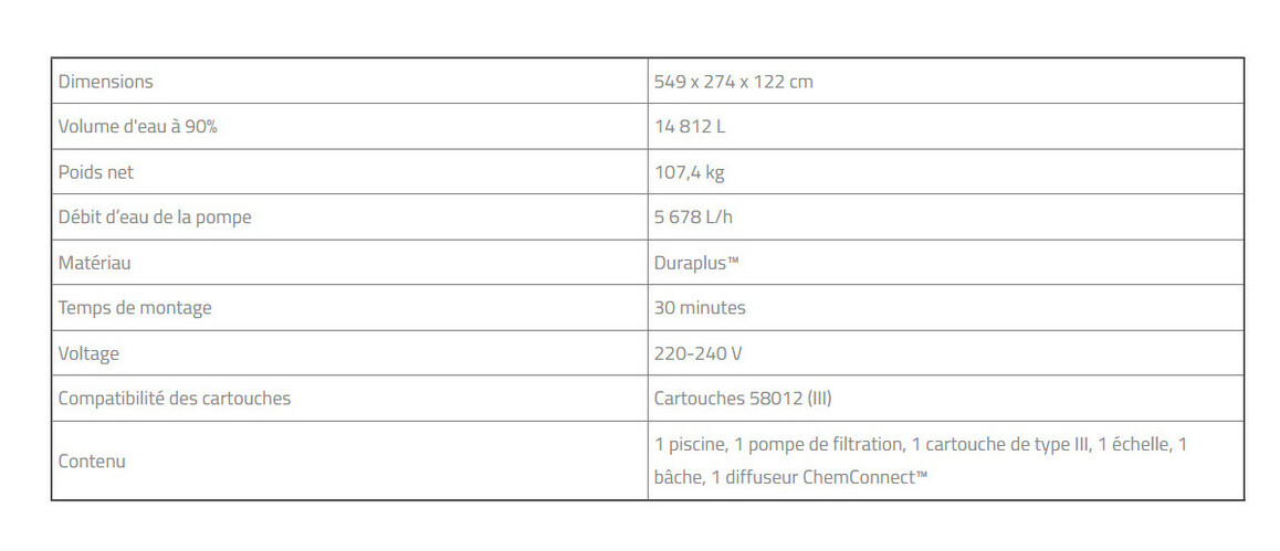 caractéristiques de la piscine hors sol Power Steel rectangle rotin gris - 5.49 x 2.74 x 1.22 m