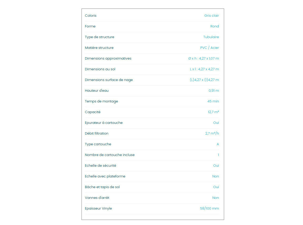 caractéristiques Piscine hors sol Prism Frame ronde 4.27 x 1.07 m