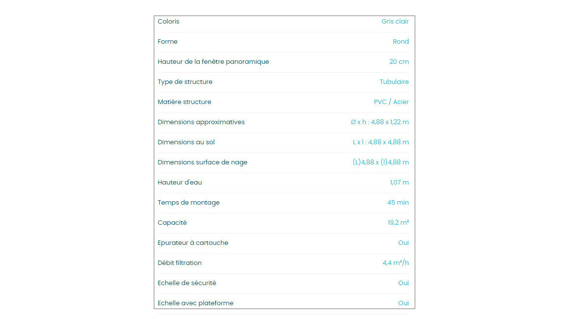 caractéristiques de la piscine Clear Window 4.88 x 1.22 m