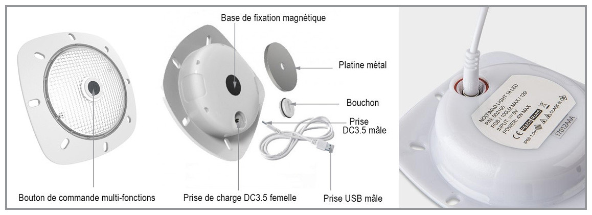 schéma descriptif du projecteur led rechargeable et aimanté notmad