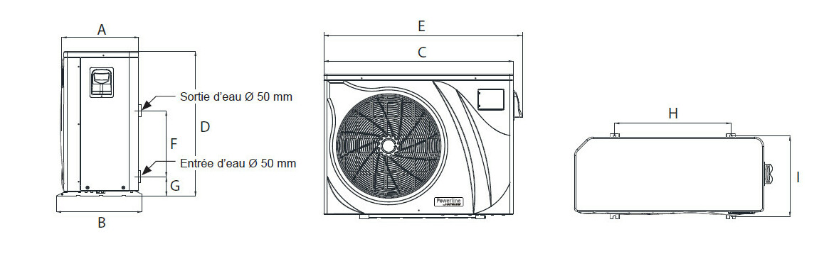 schéma des dimensions de la pompe à chaleur Hayward POWERLINE INVERTER