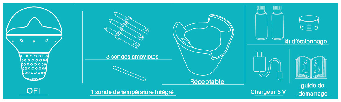 Contenu de l'analyseur de piscine connecté Ofi Light