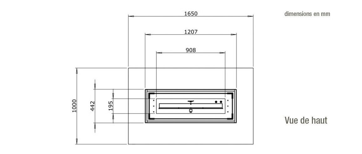 dimensions vue de haut de la table de feu wharf 65 ecosmart fire