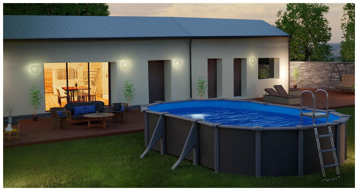 Kit piscine acier ovale grise aspect graphite - 5.27 m x 3.27 m x H.1.22 m