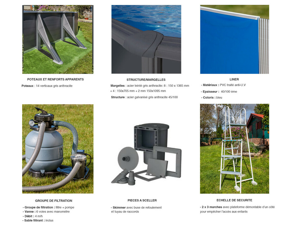 équipement du Kit piscine acier ovale grise aspect graphite - 6.34 x 3.99 x H.1.22 m