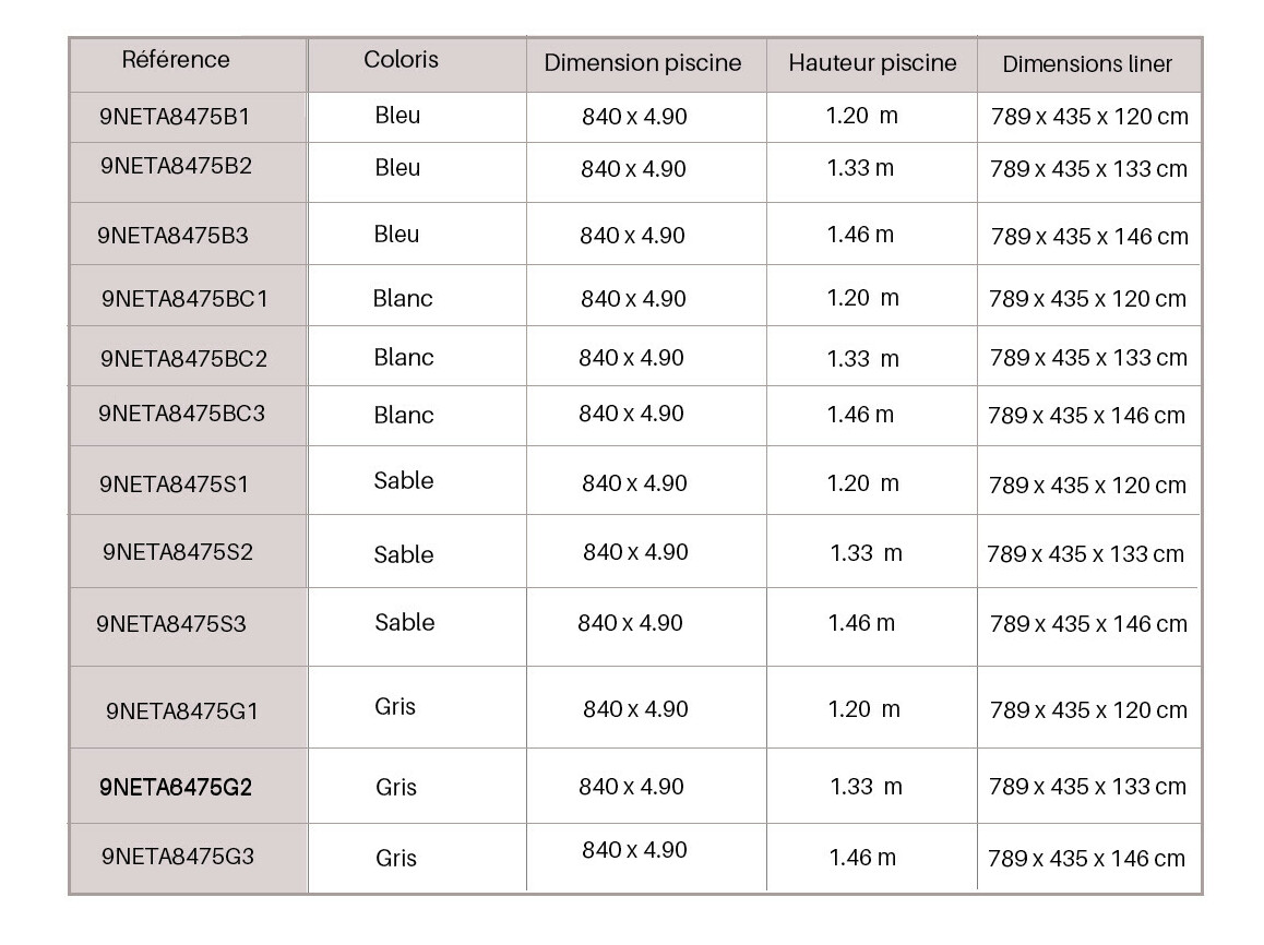 caractéristiques du liner piscine bois Cerland 75/100 ème - 840 x 490 x 120 cm - 133 cm ou 146 cm