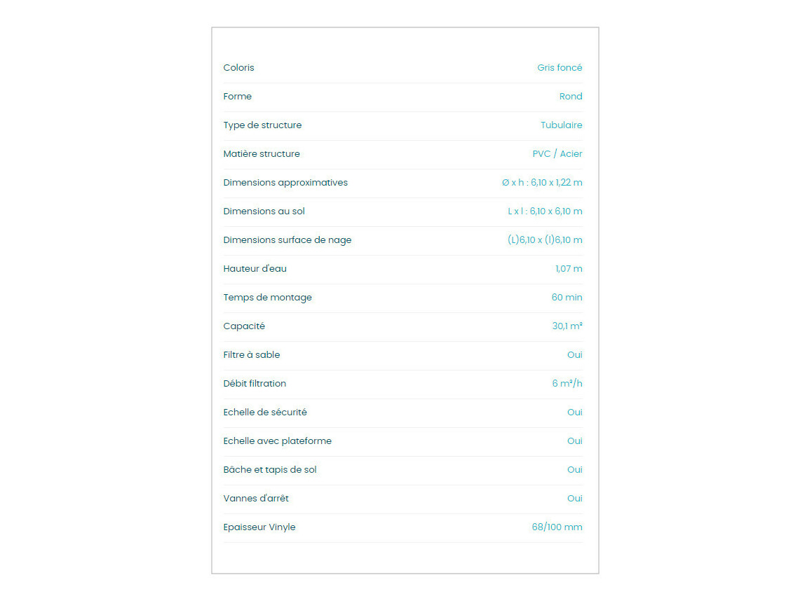 caractéristiques de la Piscine tubulaire Ultra XTR ronde - Ø 6.10 x 1.22 m