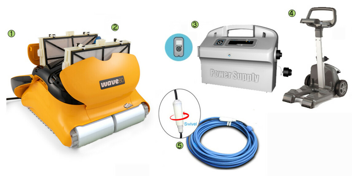 CONTENU DU ROBOT DE PISCINES COLLECTIVES Robot Dolphin Wave 80 brosses mousse - Bassins jusqu'à 18 m