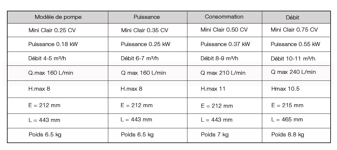 caractéristiques de la pompe de piscine mini clair astralpool
