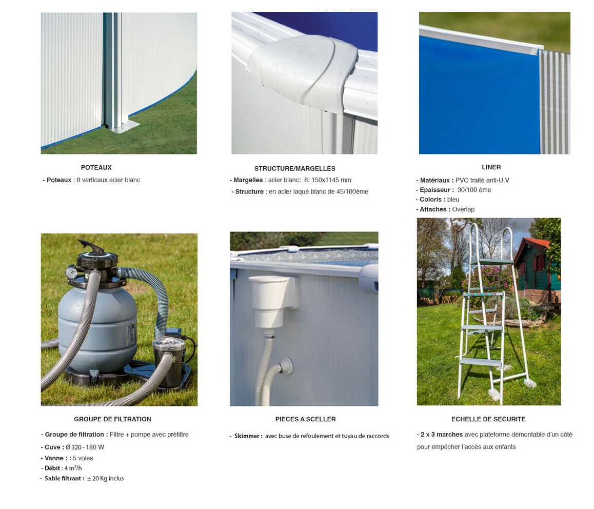 équipement du Kit piscine acier blanc Fidji - Ronde Ø3.00 x H1.20 m