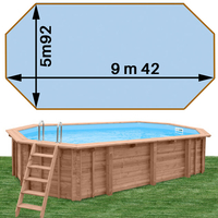 Piscine bois Woodfirst Original Octogonale allongée 942 x 592 x 146 liner bleu pâle