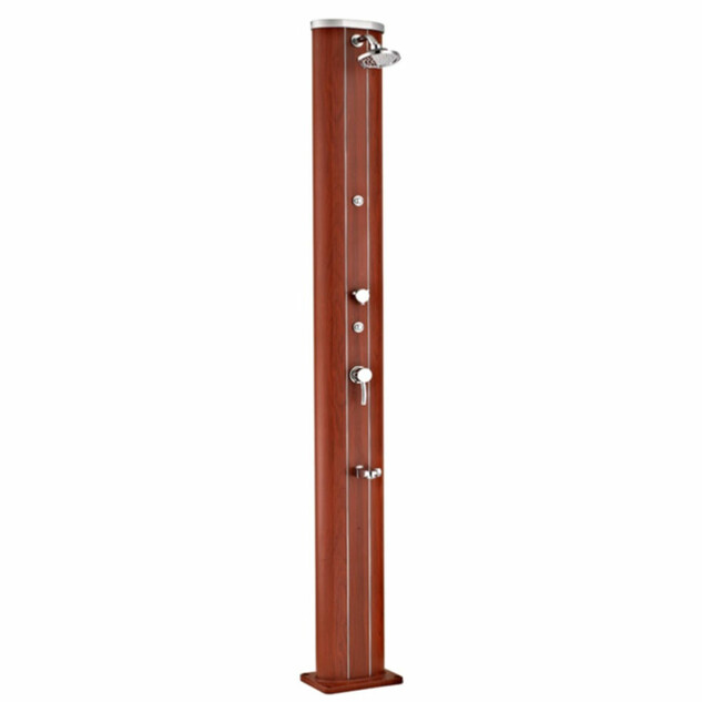 douche solaire droite alu aspect bois 40 l avec rince pieds et brumisateur 14748